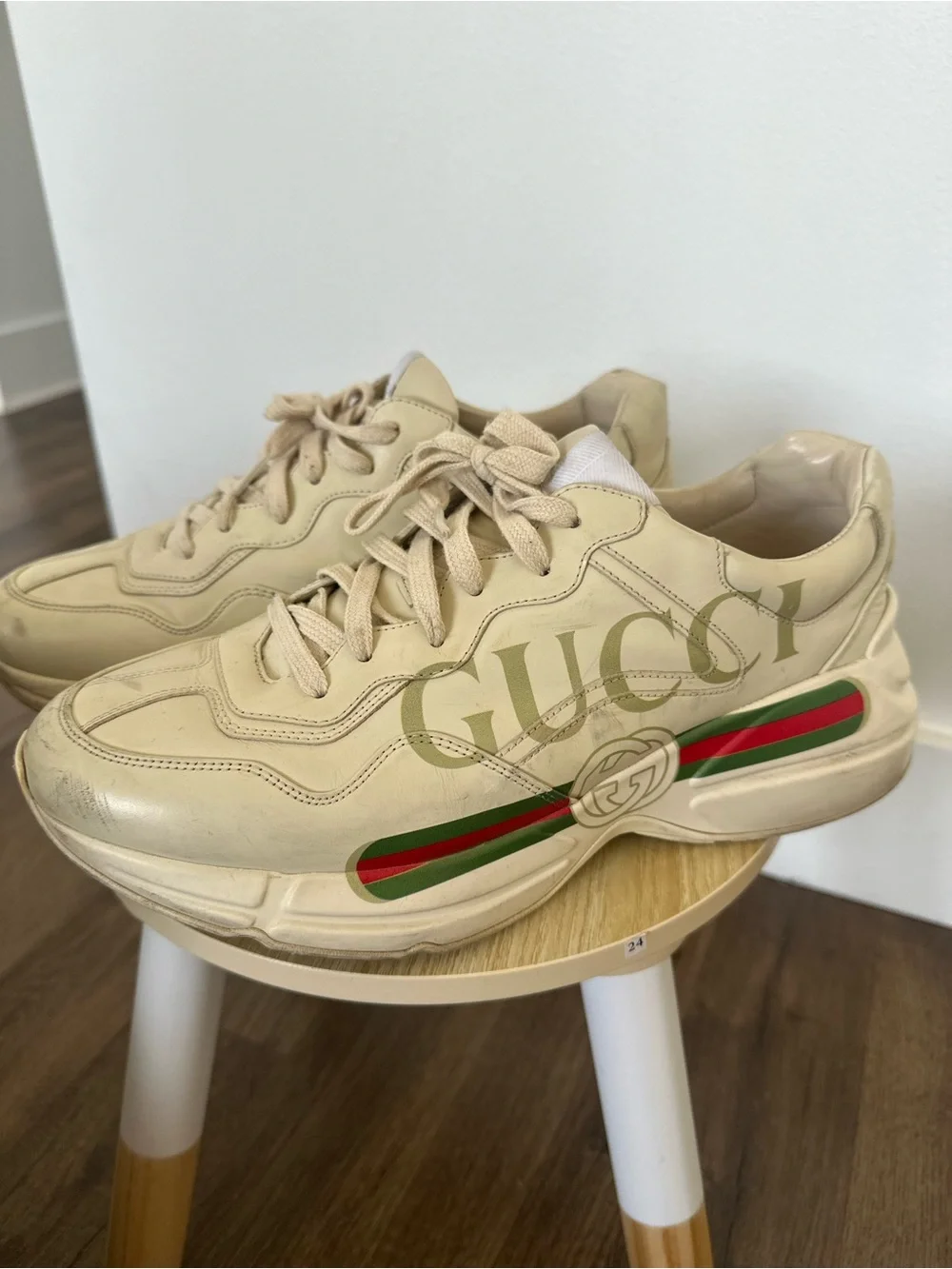 Gucci Cream Leather Platform Sneakers with Green & Red Web